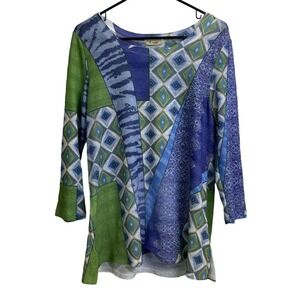 Cactus Womens Top Medium Womens Tunic Blue Green Lightweight Knit Geometric